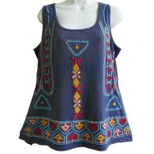 Scully Tank Top Swing Blue Embroidery Tribal Gold Red Prink Threads XL